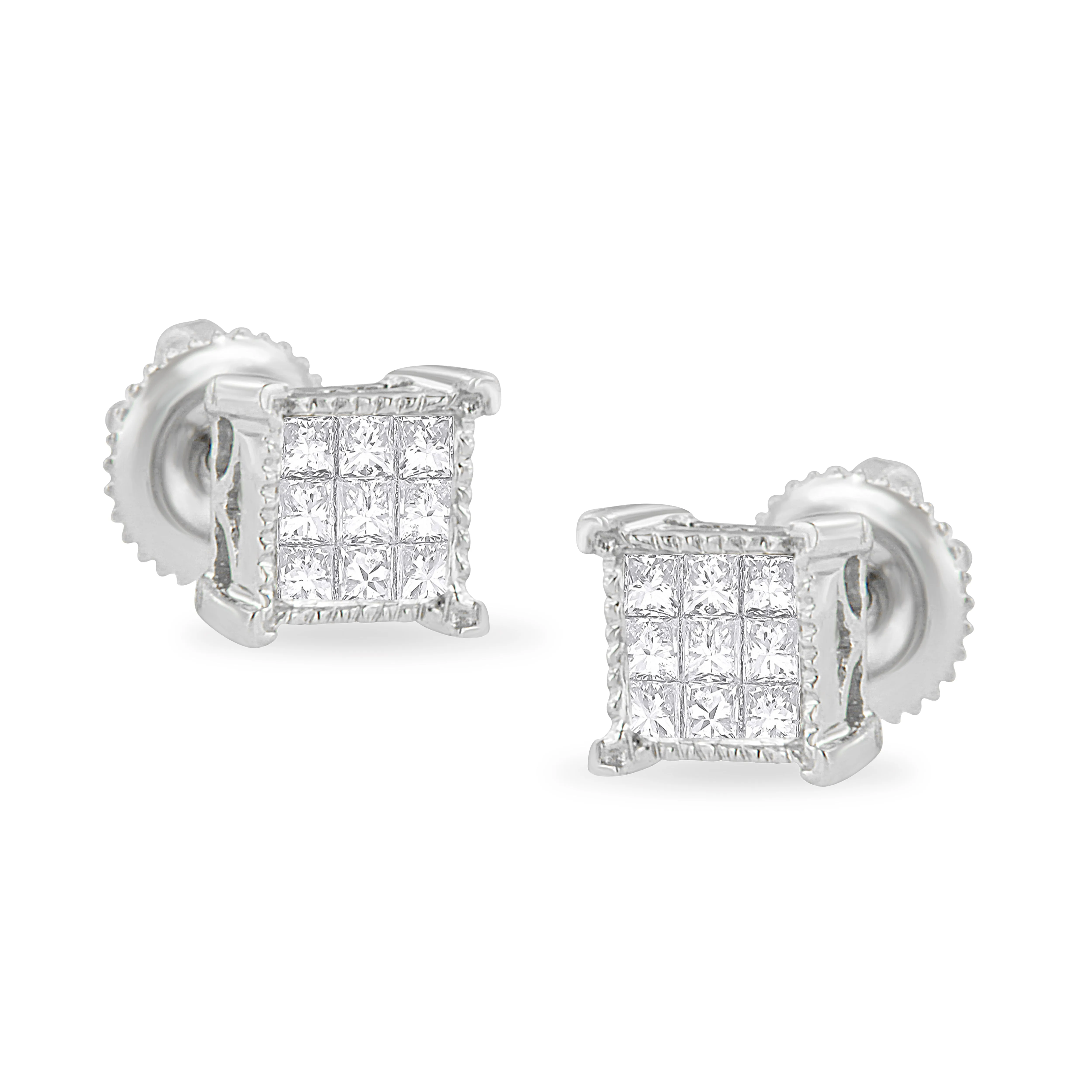 10K White Gold 1/3 Cttw Invisible Set Princess-Cut Diamond 18 Stone Composite Stud Earrings with Screwbacks