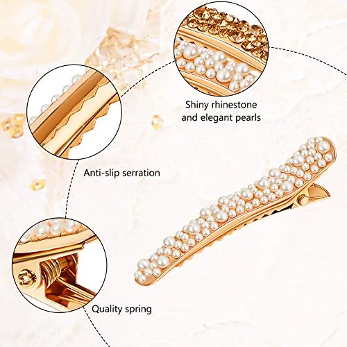 16 Pieces Pearls Rhinestone Alligator Hair Clips Rhinestone Duckbill Clips Duckbill Hairpins Hair Barrettes for Women Girls Hair Styling Tools Accessories, 4 Colors