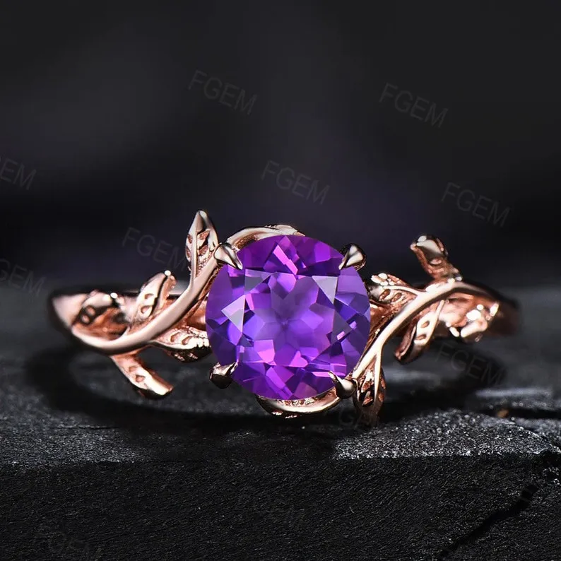 Nature Inspired Natural Amethyst Leaf Solitaire Ring Sterling Silver Oval Purple Crystal Ring Alternative Gemstone Ring February Birthstone